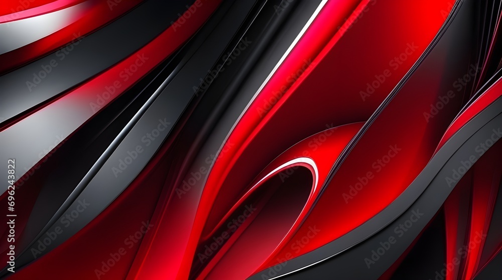 3D render of abstract wavy metallic background with red and black lines