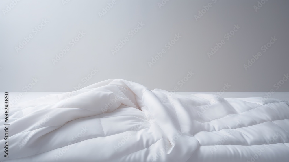 Close-up on minimalistic hotel bedding: clean white pillows, duvet blankets, bedsheets neatly placed on a bed linen - obrazy, fototapety, plakaty 