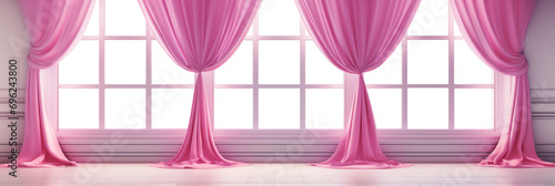 Empty room with a big window and pink curtains, transparent window, 3D illustration design