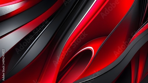 3D render of abstract wavy metallic background with red and black lines © AGORA