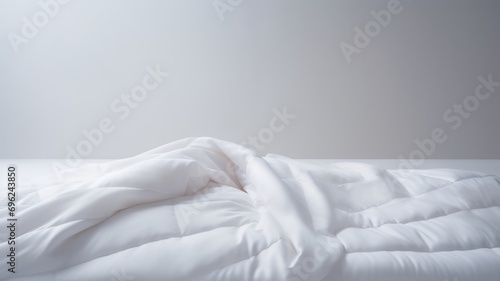 Close-up on minimalistic hotel bedding: clean white pillows, duvet blankets, bedsheets neatly placed on a bed linen photo