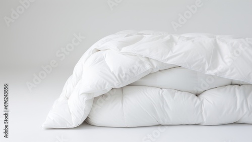 Close-up on minimalistic hotel bedding: clean white pillows, duvet blankets, bedsheets neatly placed on a bed linen photo