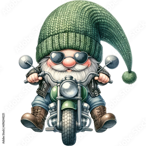 Cute Gnome Watercolor Motorcycle - Retro Vintage Illustration