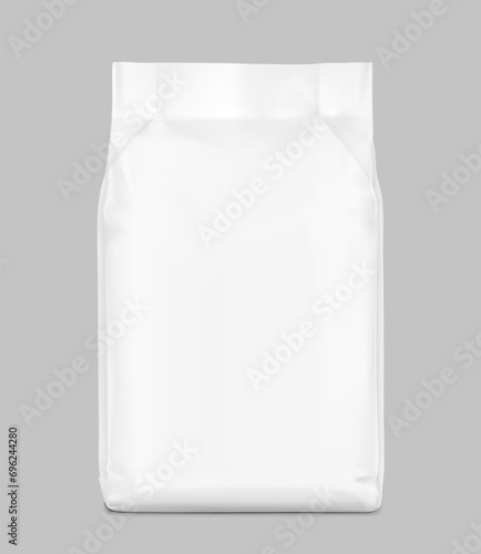 Vertical bag mockup. Flat bottom gusset bag. Front view. High realistic. Vector illustration isolated on grey background. Ready for use in presentation, promo, advertising and more. EPS10.