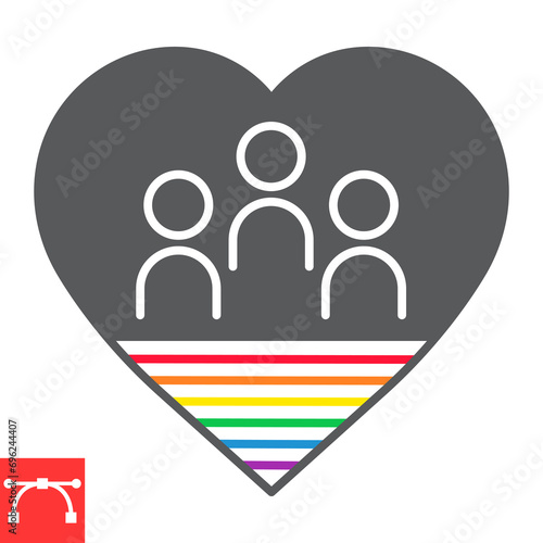 Pride day glyph icon, LGBT and community, persons in heart vector icon, vector graphics, editable stroke solid sign, eps 10.
