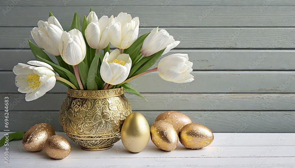 Fototapeta premium Białe tulipany w złotym wazonie i złote pisanki na białych deskach. Wielkanocne tło z miejscem na tekst