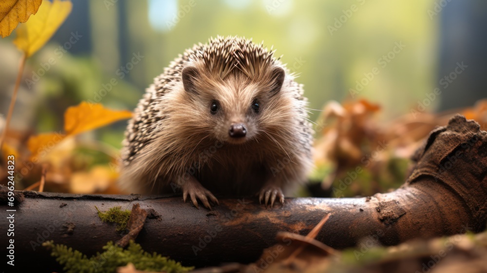 Explore the enchanting woodland as a small hedgehog, surrounded by the lush summer forest, offers a closeup view of its prickly features. Explore the enchanting woodland as a small hedgehog, surrounded by the lush summer forest, offers a closeup view of its prickly features.