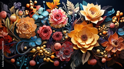Decorative various flowers on a dark background in 3D art style. Floral pattern with dominance of orange and blue colors.