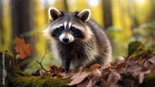 Amidst the lush greenery, a cute fluffy raccoon thrives in its woodland habitat, capturing the essence of wild animals in their natural environment.