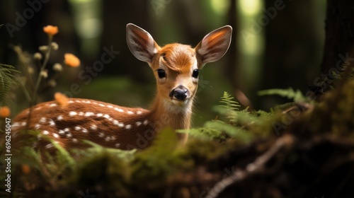 A captivating portrait of a baby deer in the lush summer forest, adorned with spots, gazing curiously at the camera.