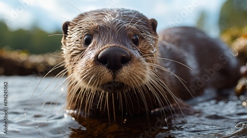 In its natural element, an otter gracefully navigates the water, its brown fur glistening as it curiously gazes at the camera.