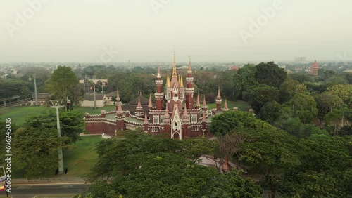 Drone footage aerial view of a beautiful castle at Taman Mini Indonesia Indah, Jakarta, Indonesia.