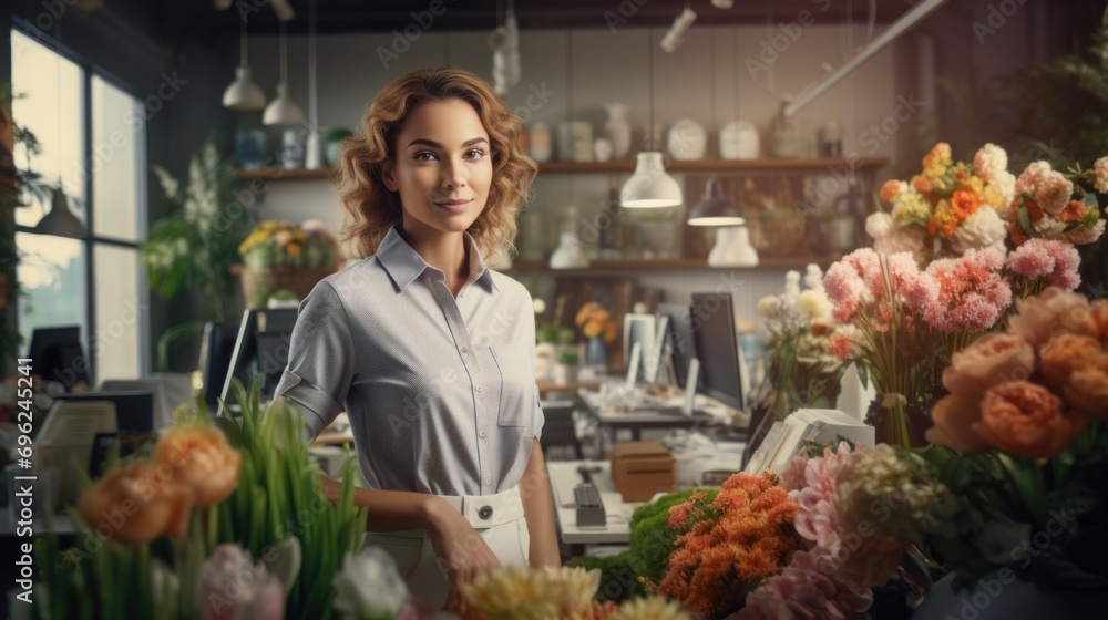 The floral expertise of a smiling florist lady is evident as she stands in her flower-filled store, exuding happiness and professionalism.
