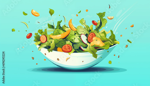 flying ingredients of salad on salad bowl illustration