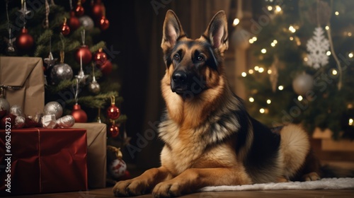German Shepherd poses in front of a Christmas tree, festively decorated, stack of gifts, holiday pet portrait.