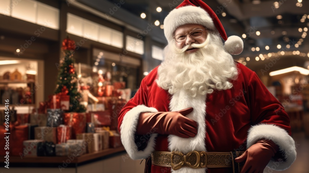 Smiling Santa Claus with a white beard and glasses, against a festive background. decorated shopping center. Smiling Santa Claus with a white beard and glasses, against a festive background. decorated shopping center.