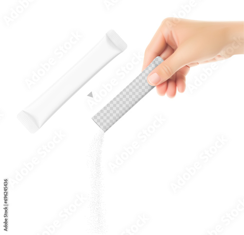 The right hand holds the stick pack. Vector illustration isolated on a white background. Ready for use in presentation, promo, advertising and more. EPS10.