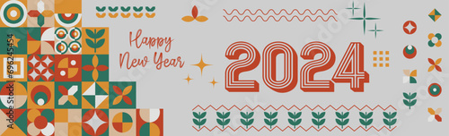 Happy New Year 2024 Cover with Modern Geometric Abstract Background. Greeting Card Banner Design featuring Calligraphy and Colorful Shapes Retro in a Vintage inspired Vector Illustration.