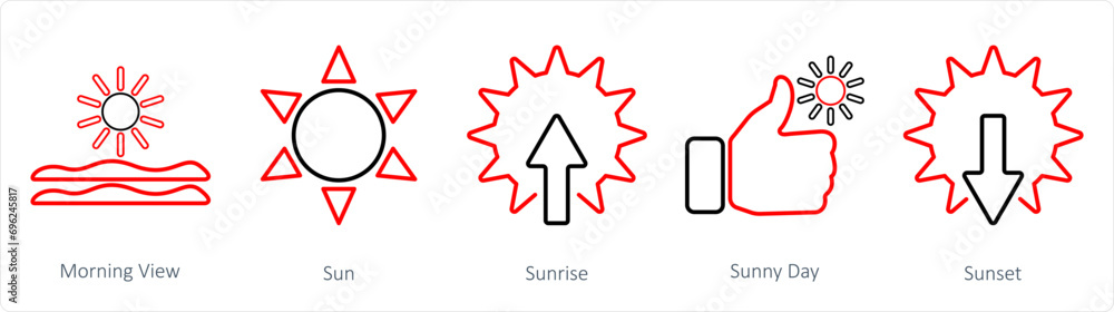 A set of 5 Mix icons as morning view, sun, sunrise A set of 5 Mix icons as morning view, sun, sunrise