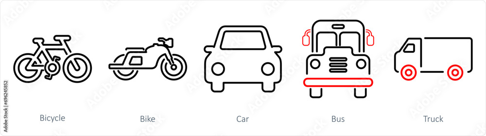 A set of 5 Mix icons as bicycle, bike, car A set of 5 Mix icons as bicycle, bike, car