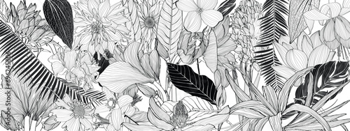 Pattern background with Solomon's seal (Polygonatum multiflorum), palms, flowers, monstera leaf drawing illustration. Exotic tropical line illustration.