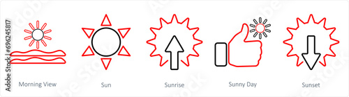 A set of 5 Mix icons as morning view, sun, sunrise