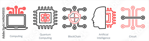 A set of 5 Mix icons as computing, quantum computing, block chain