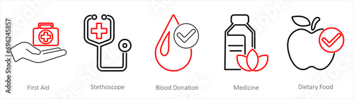A set of 5 Mix icons as first aid, stethoscope, blood donation