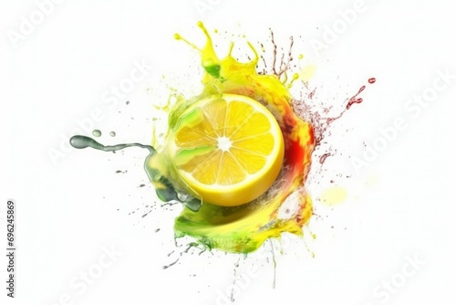 Lemon exploded with colorful paint and splashes. Falling of lemon with water splash isolated on white background