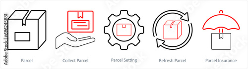 A set of 5 Mix icons as parcel, collect parcel, parcel setting