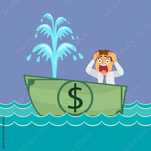 Businessman sitting in a leaking money banknote boat. illustration vector cartoon.
