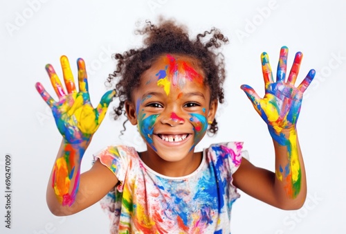 Colorful little girl enjoying a paint session