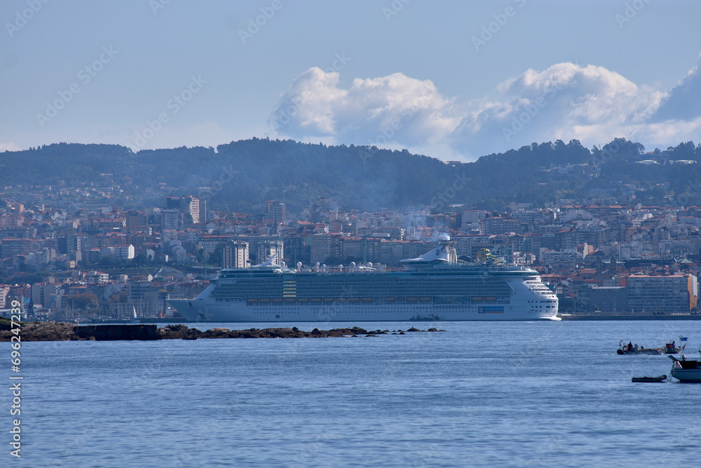 An ocean liner docked in the port of Vigo