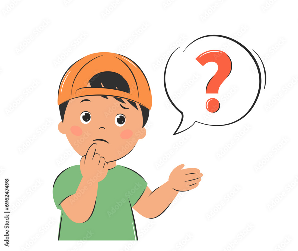 Child thinks about a question. Knowledge and education concept. Vector illustration Child thinks about a question. Knowledge and education concept. Vector illustration
