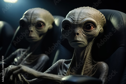 Alien couple spectators watching movie in cinema, UFO lifestyle photo