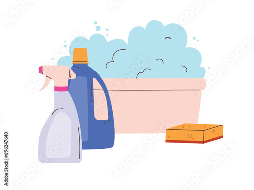 Cleaning tools -  sponge, bottles with household chemicals and basic with foam. Modern flat vector illustration isolated on white background