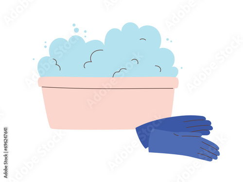 Cleaning tools -  rubber gloves and basic with foam. Modern flat vector illustration isolated on white background