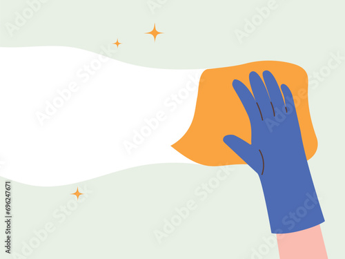 A hand in a rubber glove wipes the surface with a cloth. Modern flat vector illustration
