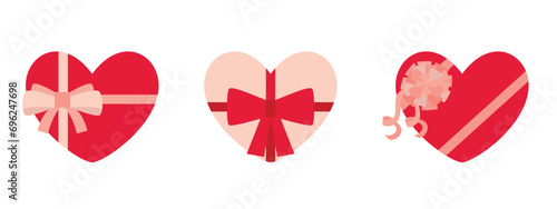 Collection of heart-shape gift boxes with bows, top view. Modern flat vector illustration