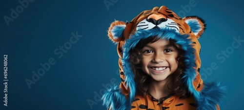 Happy child wearing a tiger costume, smiling brightly