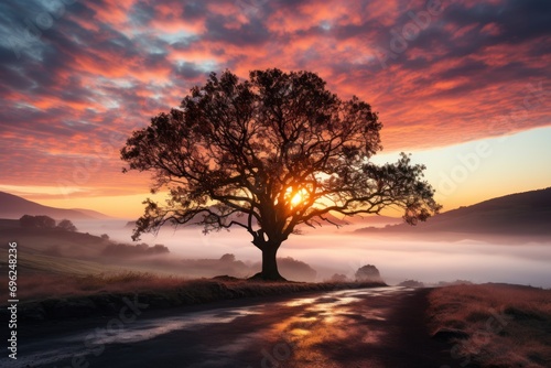 Sunrise silhouette tree amidst foggy field, beautiful sunrise image