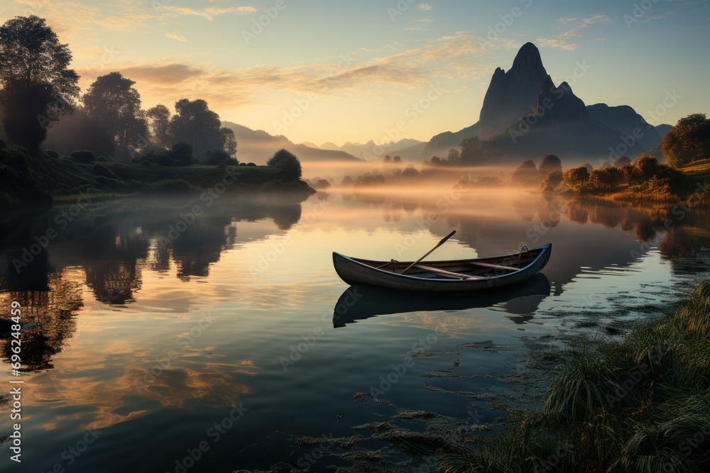 Sunrise serenity lone canoe drifting on mountain lake, beautiful sunrise image