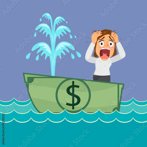 Businesswoman sitting in a leaking money banknote boat. illustration vector cartoon.