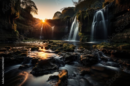 Waterfall aglow in golden hue  beautiful sunrise image