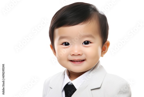 A young boy in a white suit and black tie smiling for the camera