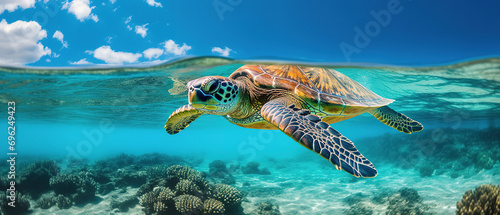 a sea turtle in a clear ocean ocean background with blue skies and bright turquoise water