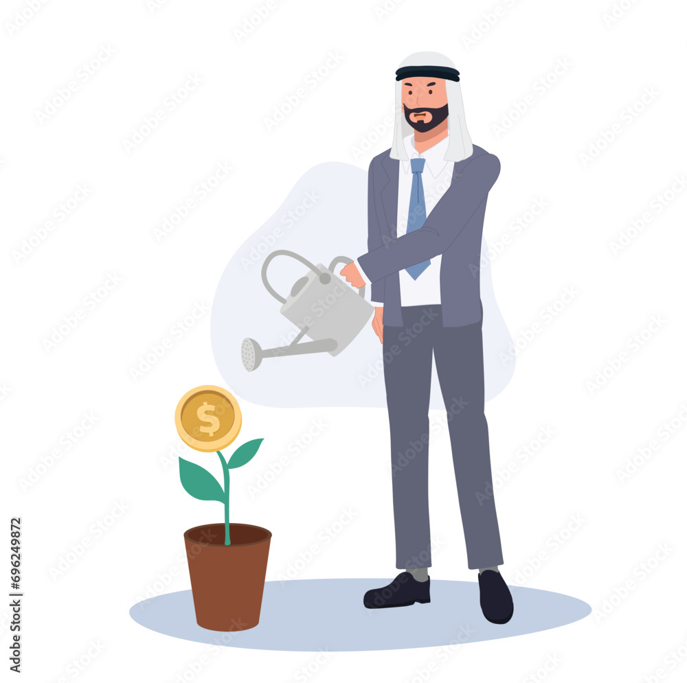 Financial Investment Concept. Arab Businessman Watering Profit Plant Tree Financial Investment Concept. Arab Businessman Watering Profit Plant Tree