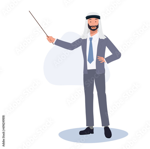 Presentations and Seminars concept. Arab Businessman with Pointer Stick