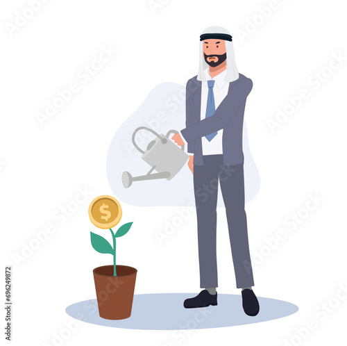 Financial Investment Concept. Arab Businessman Watering Profit Plant Tree