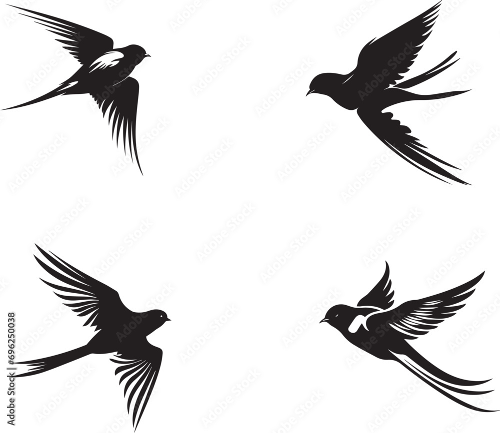Obraz premium Set of Black Swallow Silhouette on white background
